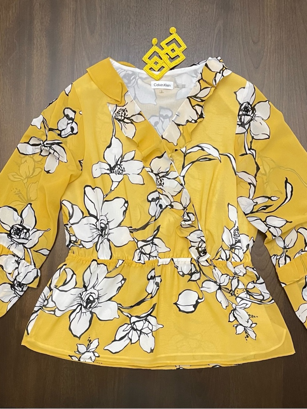 Calvin Klein Yellow Floral Peplum Blouse with White & Black Blooms